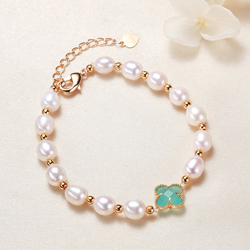 Pearl Four Leaf Clover Bracelet, Floral Chain Jewelry