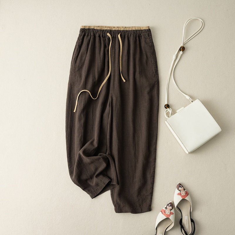 Casual Solid Color Cotton Linen Drawstring Women's Pants