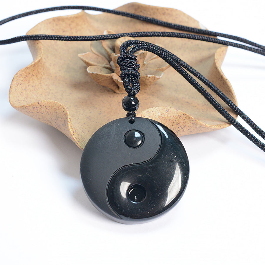 Black Obsidian Yin Yang Necklace Pendant, Taoist Symbol of Balance