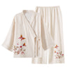 White embroidered butterfly pajama set with v-neck wrap top and long pants