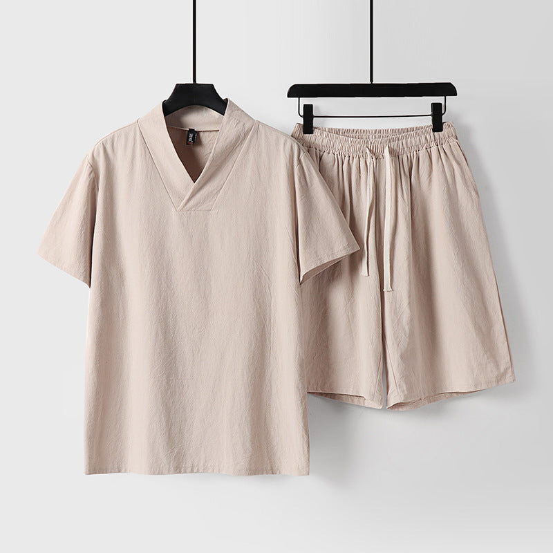 Men's Cotton Linen T-Shirt and Shorts Set V-Neck Short Sleeve