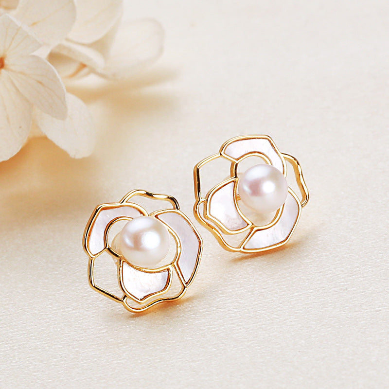 925 Sterling Silver Pearl Camellia Necklace and Earrings Set