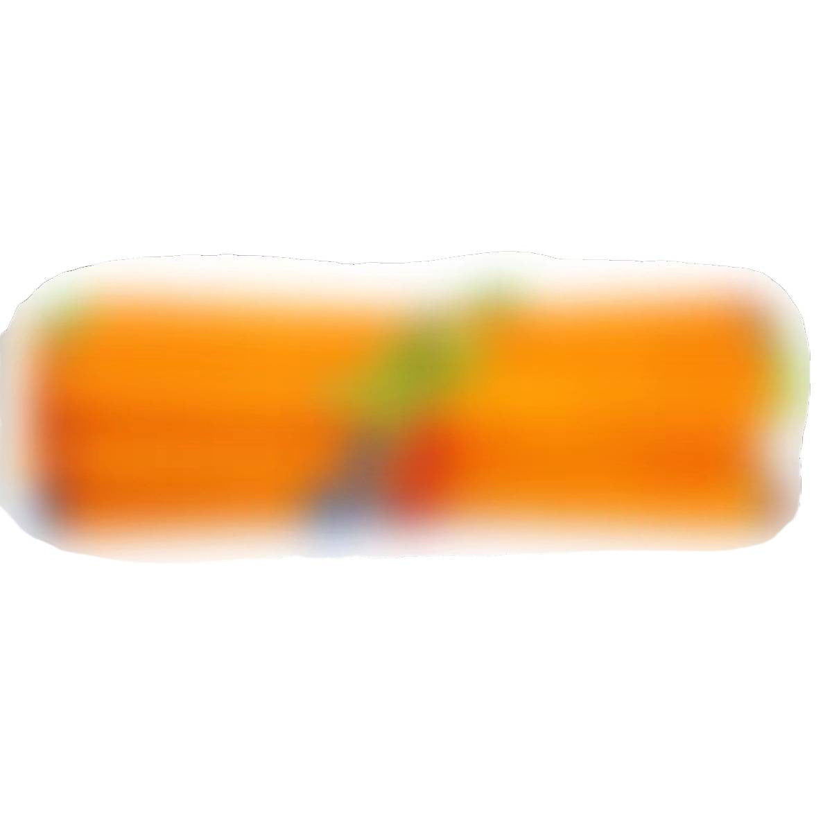 A string of colorful Tibetan prayer flags with orange, green, and blue sections