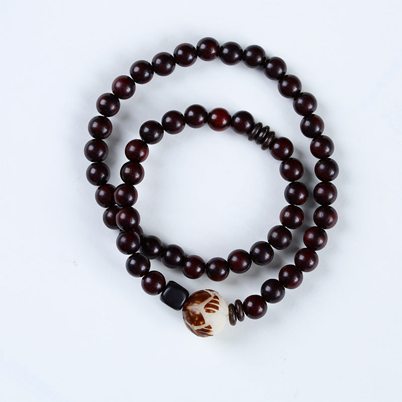 Lotus Carved Red Sandalwood Bracelet Double Wrap Protection Wood Beads