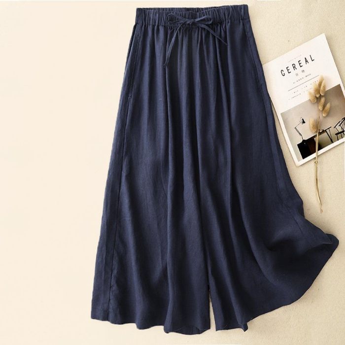 Women's Wide Leg Pants Summer Linen Cropped Trousers With Pockets