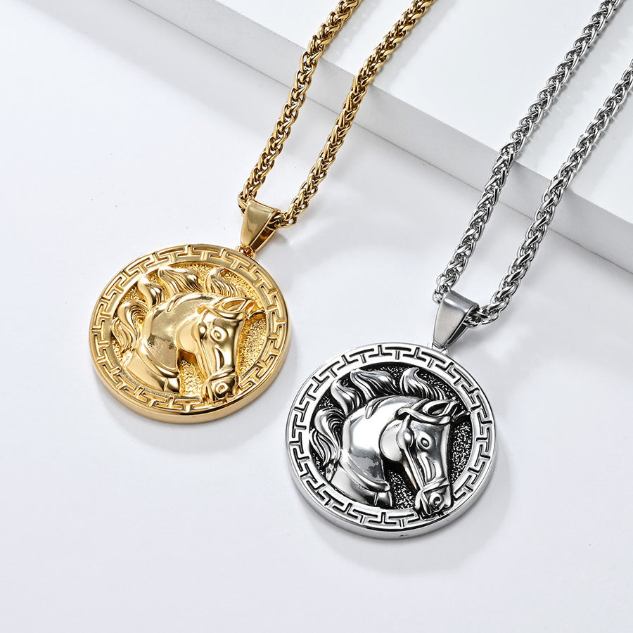 Round stainless steel pendant with a horse head relief design on a chain