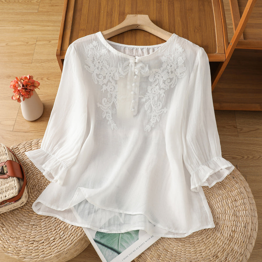 Embroidered Floral Three Quarter Sleeve Button Crew Neck Women's Shirt