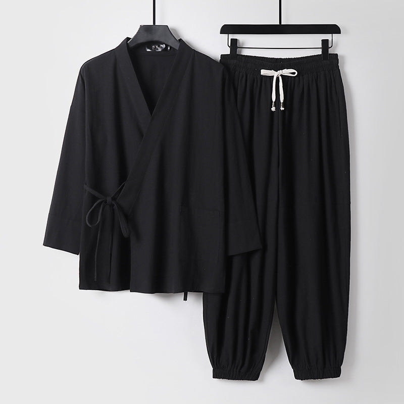 Men's Meditation Cloth Set: Linen Kimono Pants With Pockets