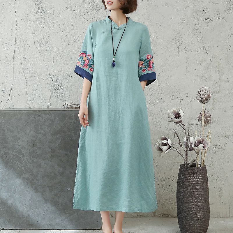 Embroidery Frog-Button Half Sleeve Women's Midi Dress