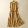 Sleeveless Cotton Blend Midi Dress with Lapel and Tie Belt