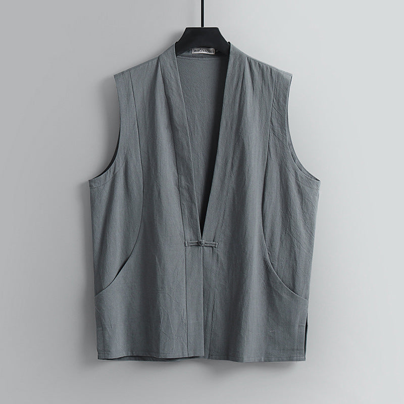 Men's Linen Sleeveless Vest with Chinese Knot Buttons