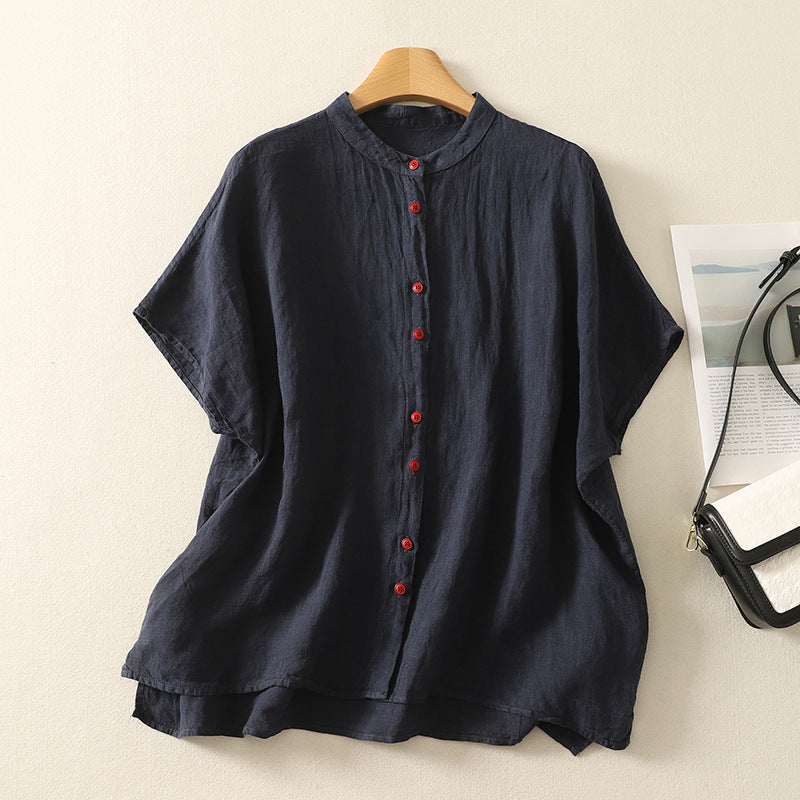 Women's Cotton Linen Short Sleeve Shirt Plain Summer Top