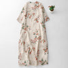 Cotton Linen Floral Dress, Short Sleeve A-Line Chinese Style