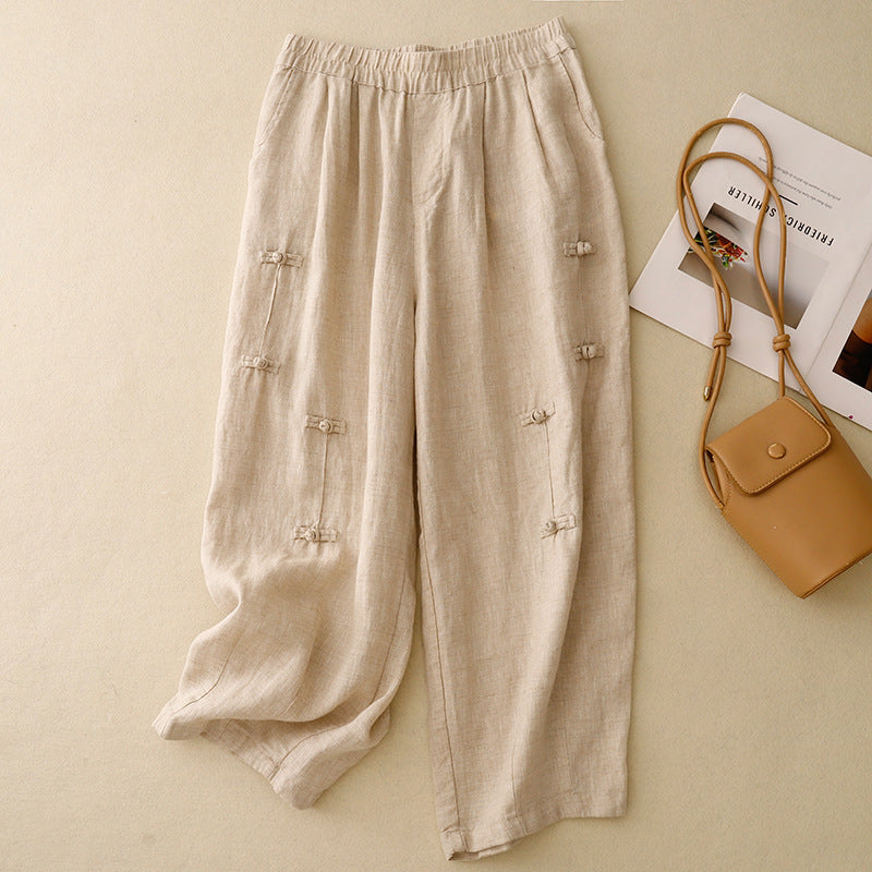 Women's Cotton Linen Harem Pants with Frog Buttons