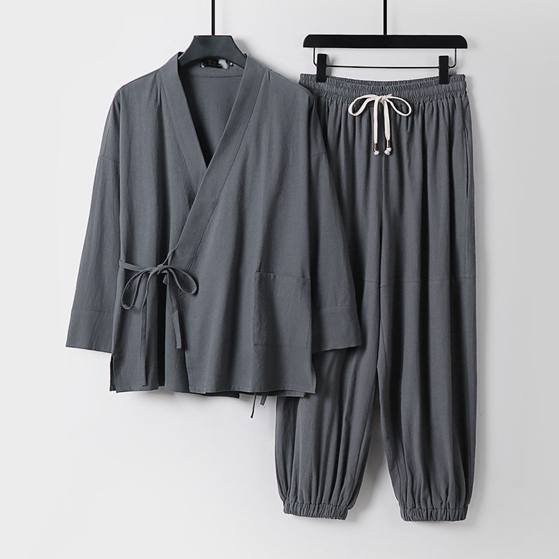 Men's Meditation Cloth Set: Linen Kimono Pants With Pockets