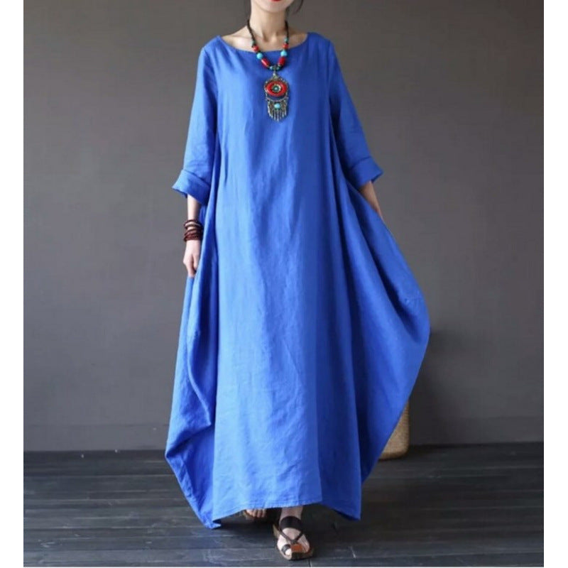 Cotton Linen Maxi Dress Long Sleeve Solid Color