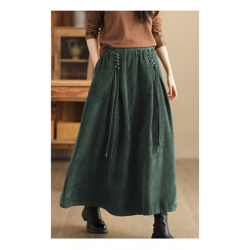 Women's Plain Corduroy 7-8 Length Skirt With Pockets