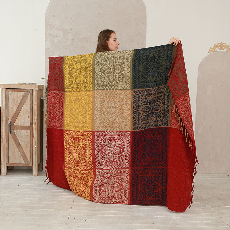 Ethnic Bohemian Chenille Throw Blanket with Geometric Pattern
