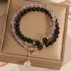 Gray Agate and Gold-tone Sheen Obsidian Double Wrap Bracelet with Lotus Charm