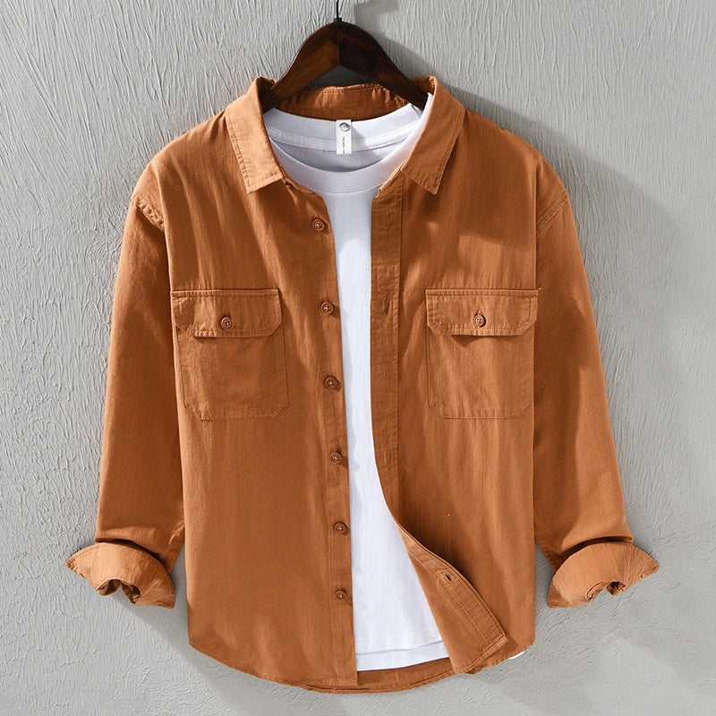 Men's Long Sleeve Turn-down Collar With Pocket Pure Color Casual Cotton Shirt