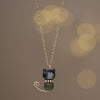 Cat Pendant Necklace Pearl Hetian Jade Shell Gold Tone