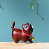 Carved Wood Cat Figurine with Bell - Cute Animal Desk Decoration