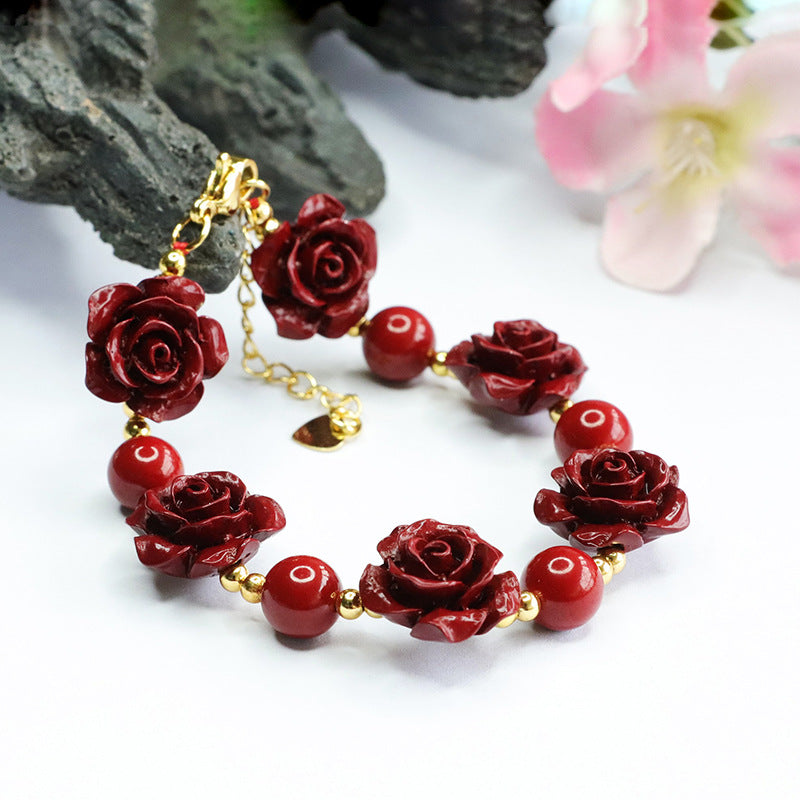 Cinnabar Rose Bracelet with Gold-Tone Accents