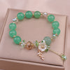 Floral Stone Bracelet with Leaf Charm, Handmade Beaded Jewelry