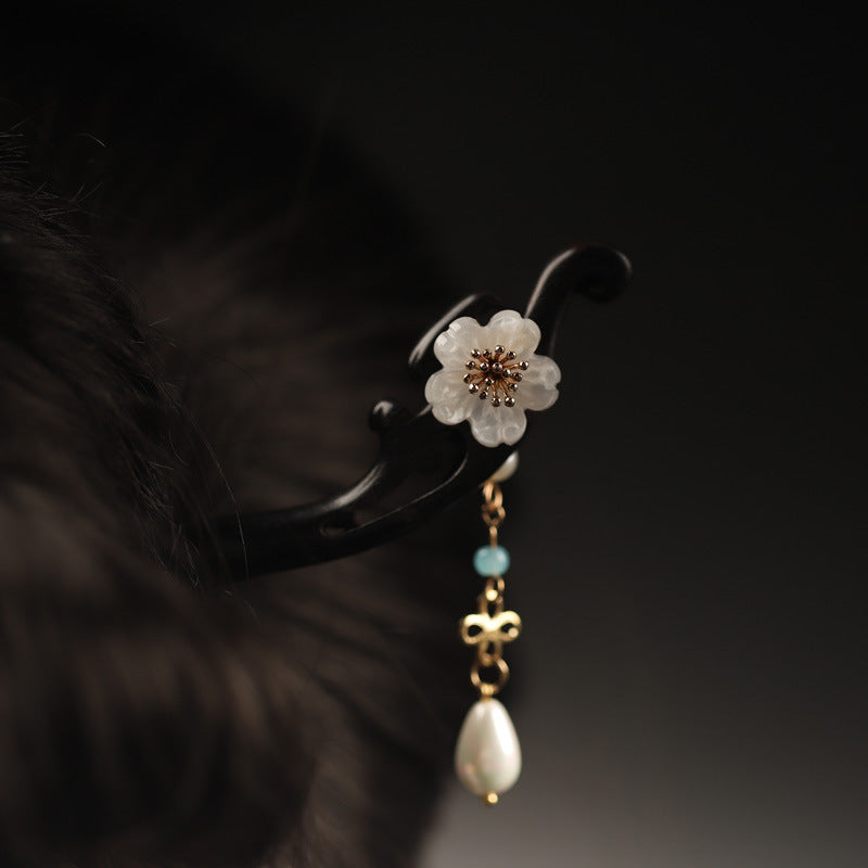 Wooden Flower Hairpin with Dangling Charm
