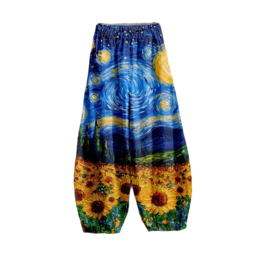 Women wearing loose harem pants with blue swirl and yellow sunflower print