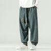 Men's Harem Pants with Cloud Embroidery, Cotton Linen Drawstring Trousers