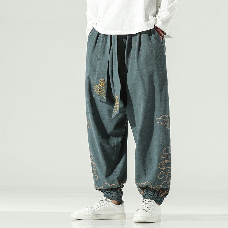 Men's Harem Pants with Cloud Embroidery, Cotton Linen Drawstring Trousers