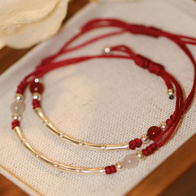 925 Sterling Silver Bamboo Red String Bracelet with Agate