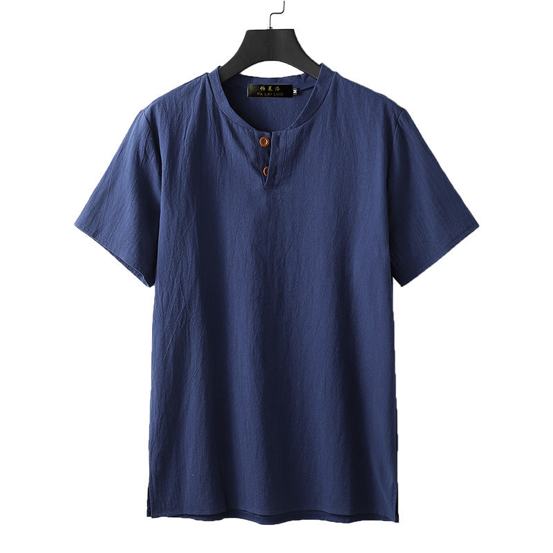 Men's Linen Blend Short Sleeve Shirt Loose Notched Neck Top