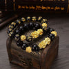 FengShui PiXiu Obsidian Wealth Bracelet with Gold-Tone Beads
