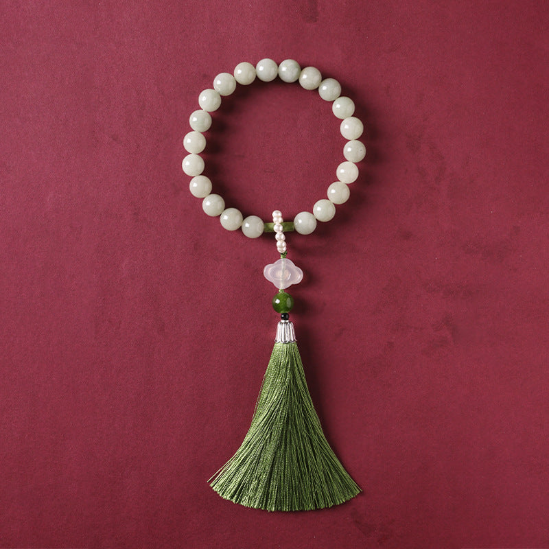 She Tai Cui Jade Wrist Mala with Green Tassel