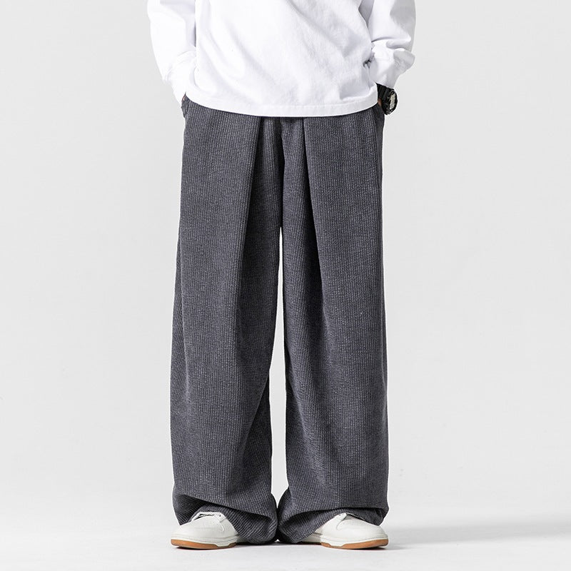 Men's Wide Leg Pants Solid Color Corduroy Trousers With Pockets