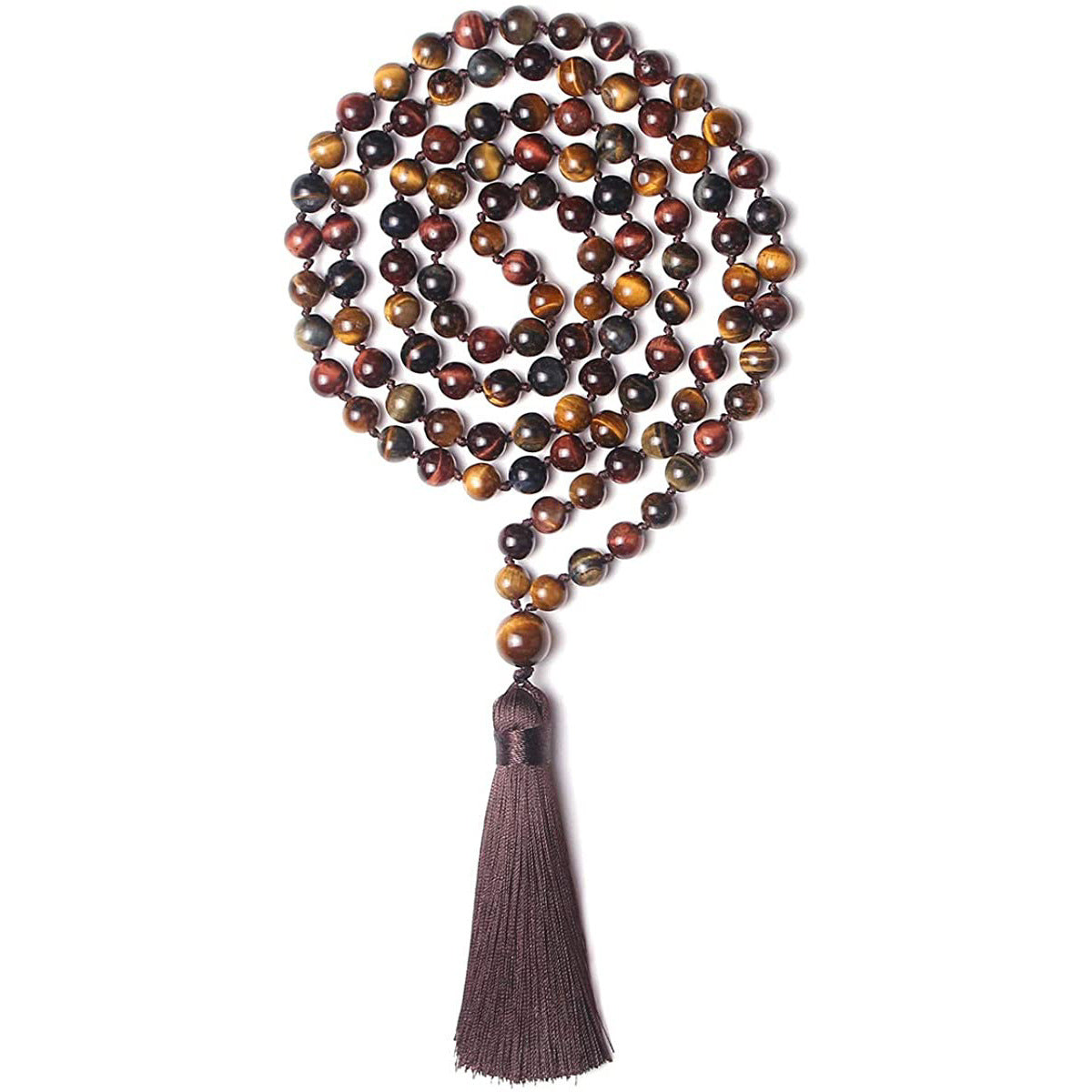 Coiled 108 bead tiger eye mala necklace with brown tassel on white background