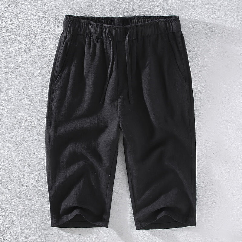 Men's Solid Color Ramie Linen Drawstring Cropped Pants With Pockets