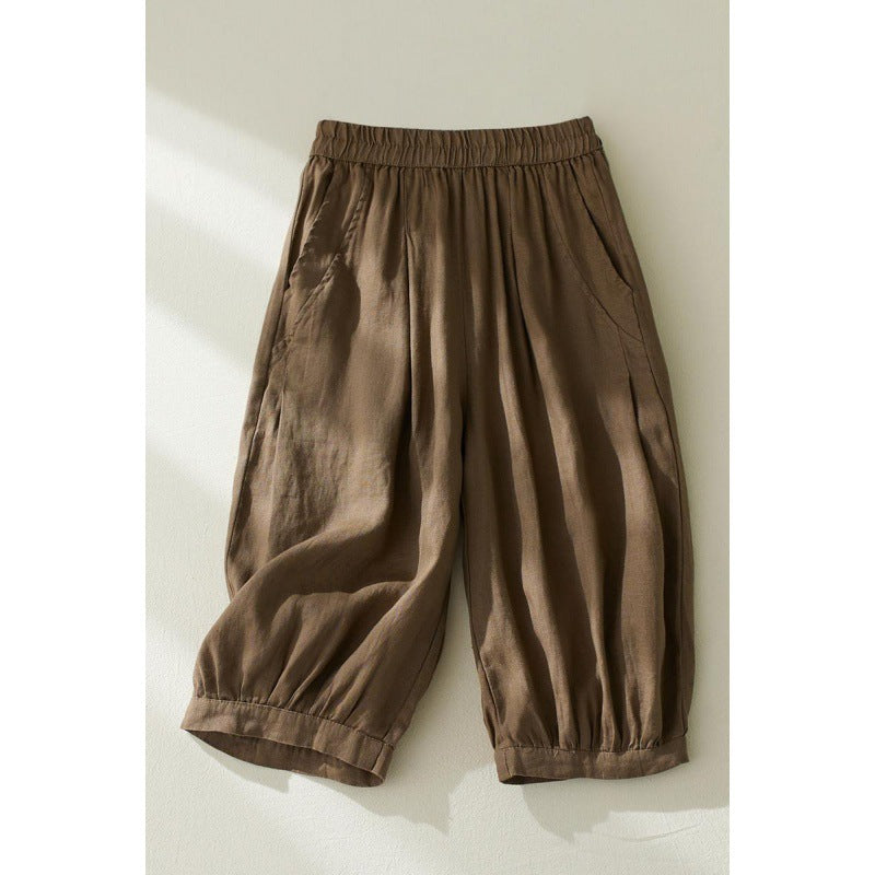 Brown cotton linen women's harem pants with high waist and pockets
