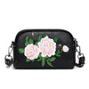 Black mini crossbody bag with pink peony embroidery and green leaves