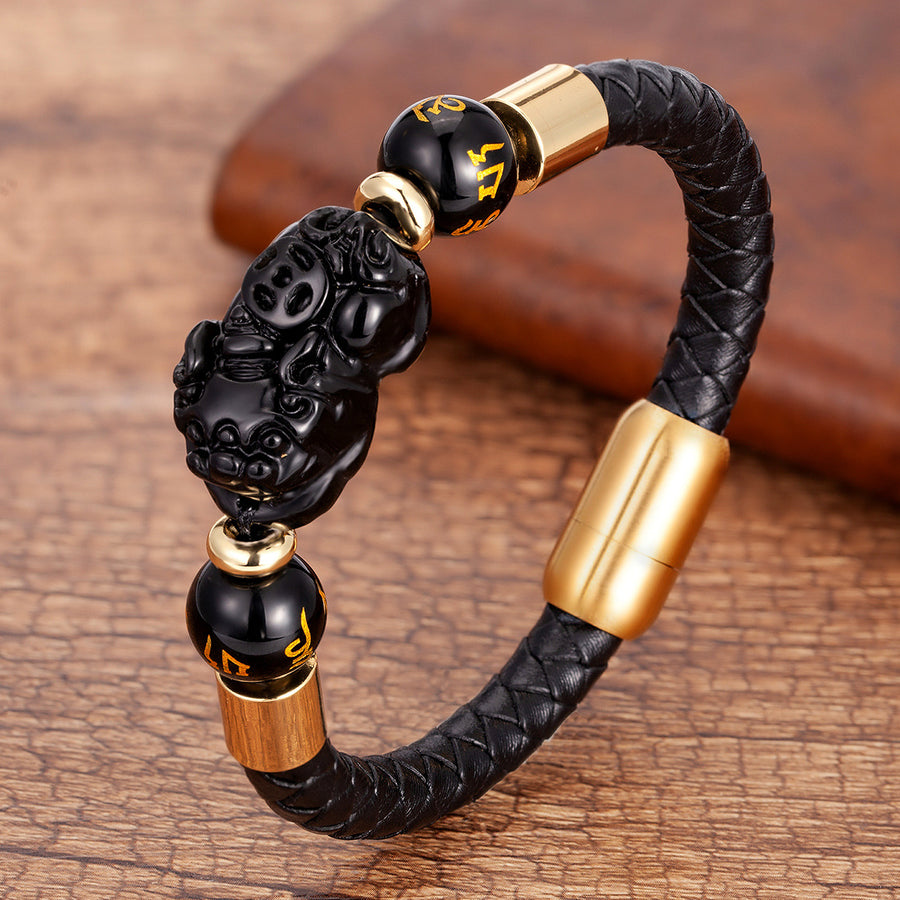 Pixiu Leather Bracelet with Gold-Tone Clasp and Mantra Beads