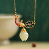 Enamel Koi and Lotus Jade Pendant Necklace