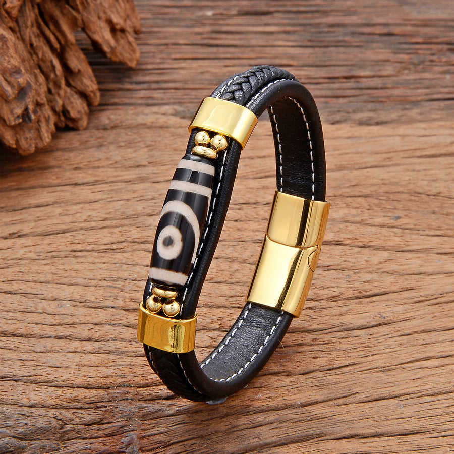 Dzi Bead Leather Bracelet with Stainless Steel Clasp