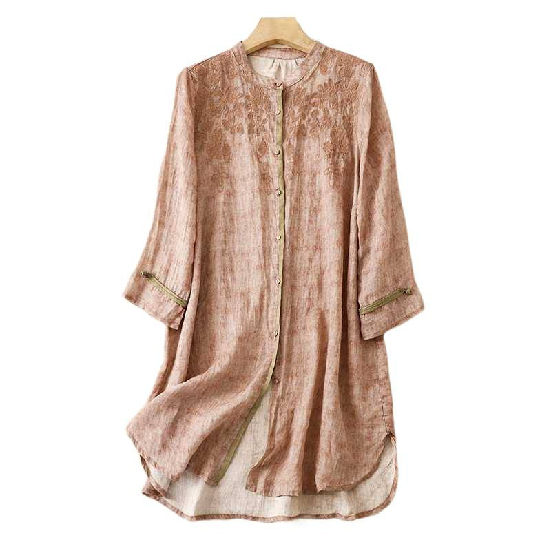 Loose fitting beige cotton linen midi dress with embroidered stand collar and button front
