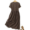 Back view of a dark brown short sleeve midi dress with an elastic waist hanging on a wooden hanger.