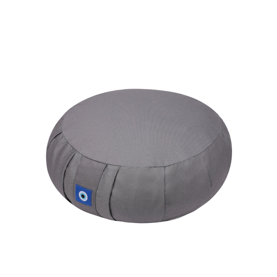 Round grey cotton meditation cushion with pleated sides