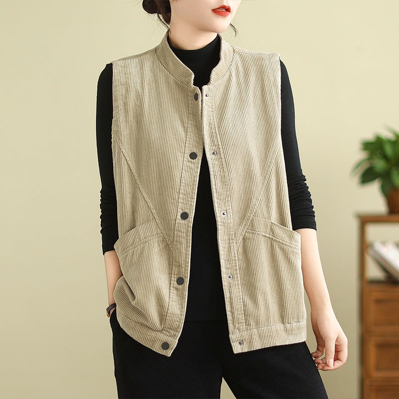 Women's Corduroy Vest With Pockets, Sleeveless Waistcoat