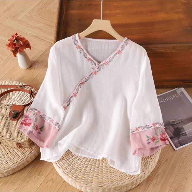Embroidered Linen Top for Women, Traditional Chinese Style