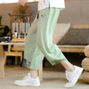 Men's Patchwork Cotton Linen Cropped Pants With Pockets